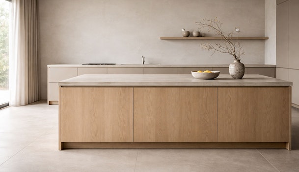 Minimalistische japandi keuken met houten kookeiland, lichte fronten, natuurstenen werkblad en rustige beige tinten