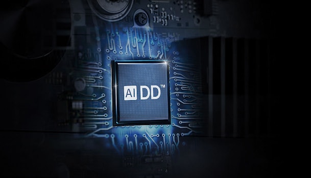 LG AI DD processorchip die de kunstmatige intelligentie achter de Direct Drive motortechnologie symboliseert