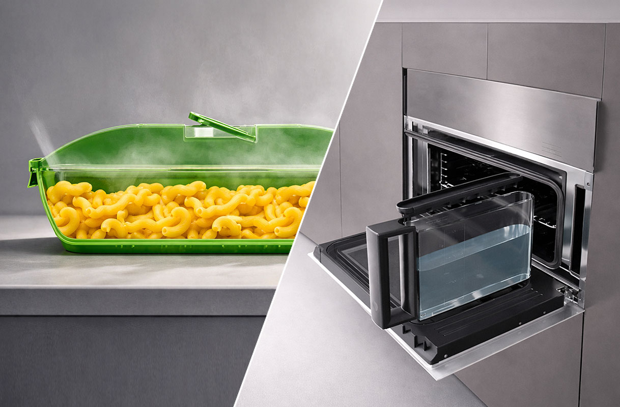 Vergelijking stoombakje met pasta en ingebouwd stoomreservoir in magnetron met stoomfunctie naast elkaar