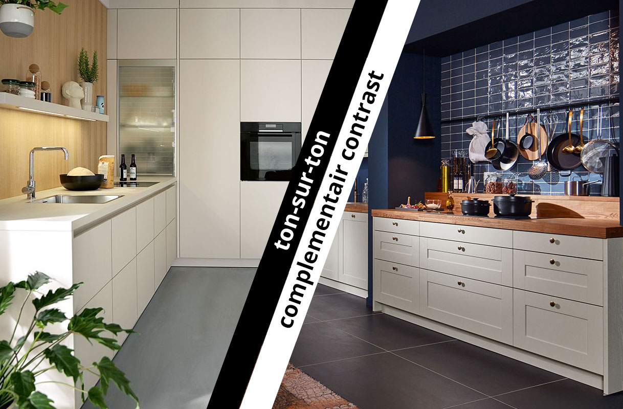 Vergelijking tussen ton-sur-ton keuken in lichte beigetinten en keuken met complementair kleurcontrast met blauw en warm hout.