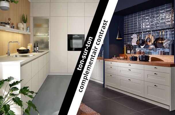 Vergelijking tussen ton-sur-ton keuken in lichte beigetinten en keuken met complementair kleurcontrast met blauw en warm hout.