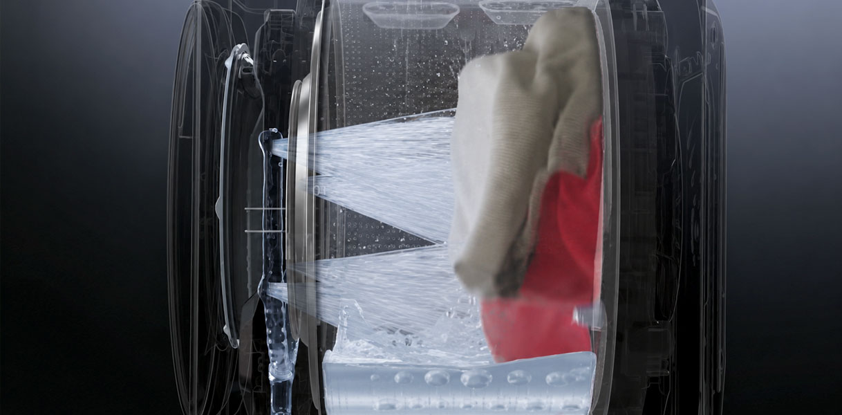 TurboWash 360 van LG dat vanuit meerdere hoeken water op de was spuit voor een snellere wasbeurt