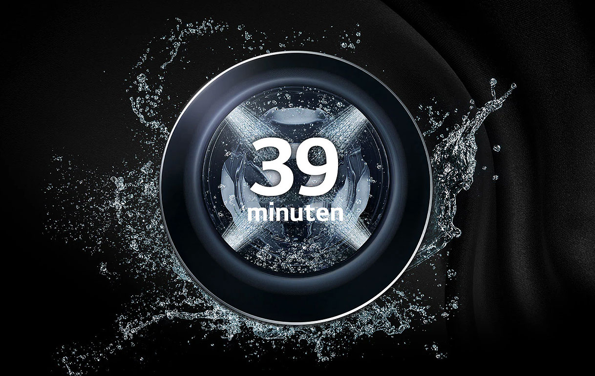 LG wasmachine trommel met waterstralen en tekst 39 minuten die de snelheid van TurboWash 360 toont