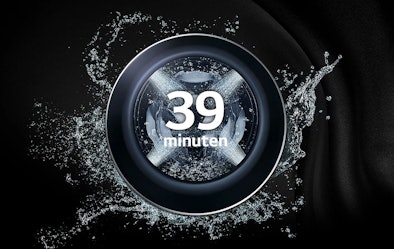 LG wasmachine trommel met waterstralen en tekst 39 minuten die de snelheid van TurboWash 360 toont