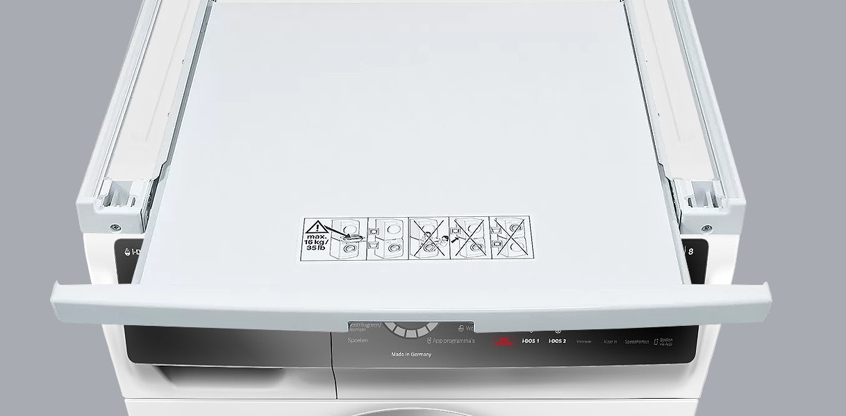 Stapelkit met Uitschuifbare Plank voor Wasmachine & Droger - Wit - Bodo Stapelkit met Uitschuifbare Plank voor Wasmachine & Droger - Wit - Bodo