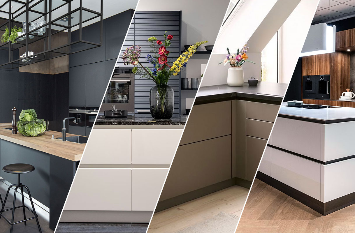 Collage van verschillende keukens met populaire twee-kleurencombinaties zoals zwart met hout, wit met hout en taupe met zwart.