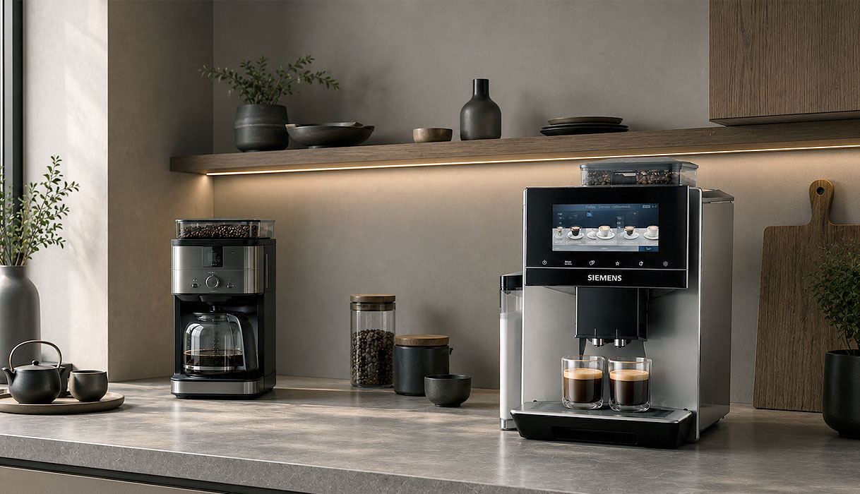 Koffiezetapparaat met bonenmaler en kan naast een volautomatische koffiemachine met bonen op een aanrecht