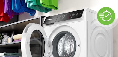 Alternatieve tekst (alt): Bosch wasmachine met open deur en timer icoon voor uitgestelde start