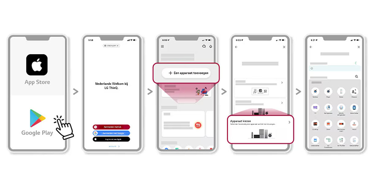 Stapsgewijze instructie voor het installeren van de LG ThinQ app via App Store en Google Play tot apparaat toevoegen