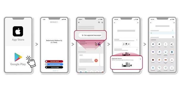 Stapsgewijze instructie voor het installeren van de LG ThinQ app via App Store en Google Play tot apparaat toevoegen