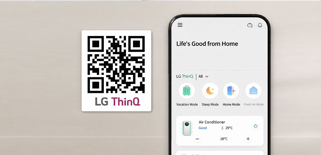 LG ThinQ app startscherm met QR-code scanner en apparaatoverzicht met modi en temperatuurregeling