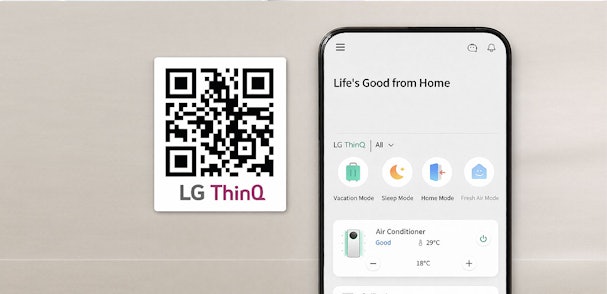 LG ThinQ app startscherm met QR-code scanner en apparaatoverzicht met modi en temperatuurregeling