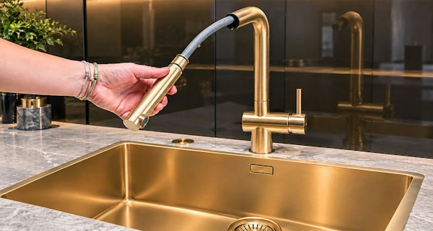 Hand trekt sproeikop met slang uit gouden uittrekbare keukenkraan boven gouden spoelbak