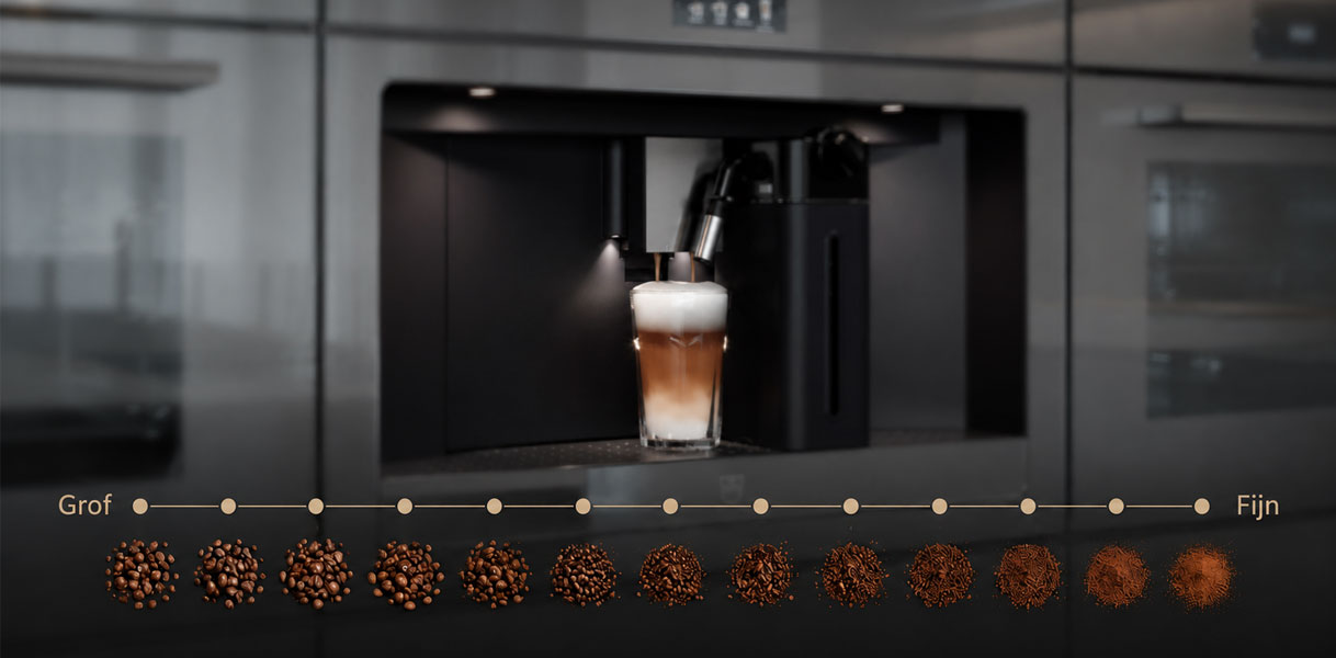 Dertien maalstanden van grof tot fijn gemalen bonen op een V-ZUG koffiemachine