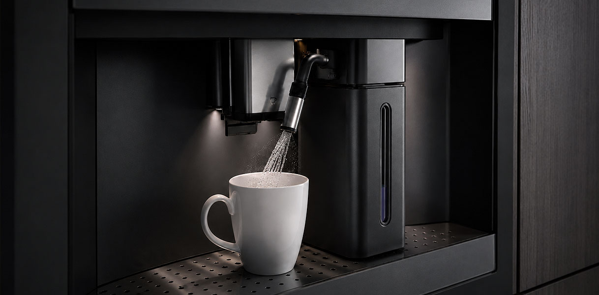 Heet water stroomt in een kop naast het waterreservoir van een V-ZUG koffiemachine