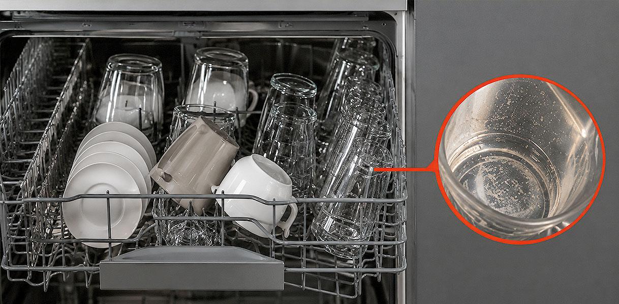 Uitvergroot glas met achtergebleven resten in een te vol geladen vaatwasserkorf