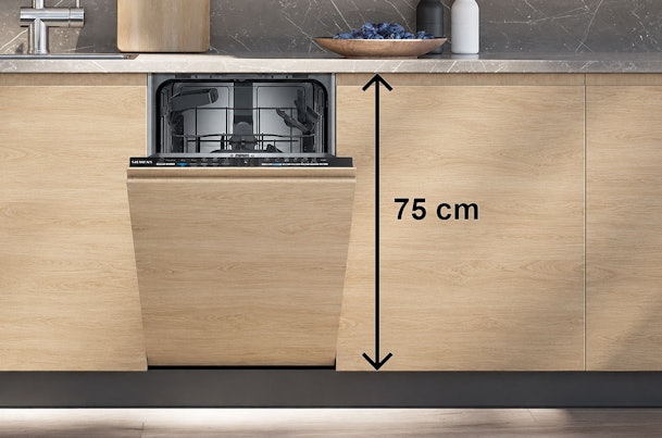 Geïntegreerde vaatwasser in een IKEA ENHET-keuken met een keukenfront van 75 cm, geschikt voor een vaatwasserfront van 75 centimeter.