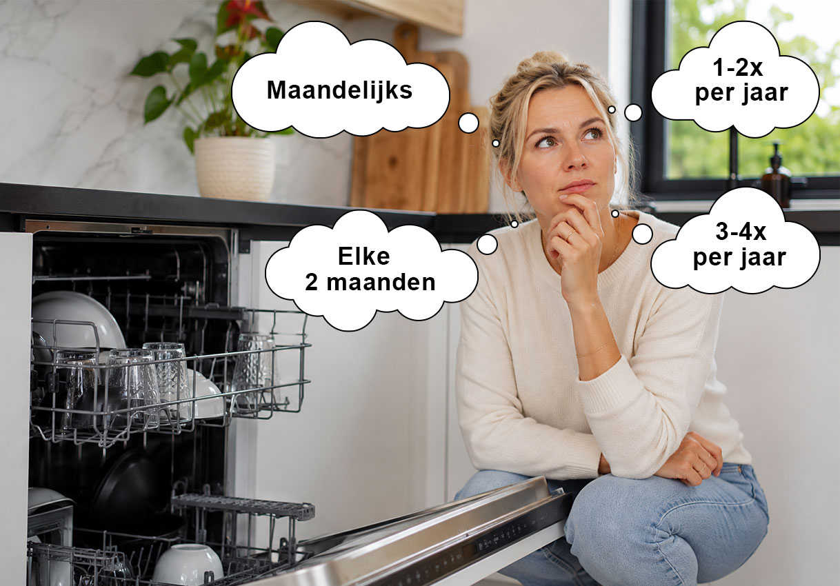 Vrouw bij een open vaatwasser met gedachtewolken over hoe vaak ontkalken nodig is
