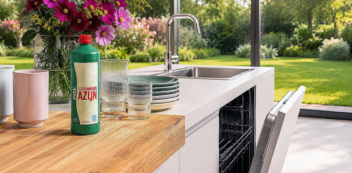 Fles schoonmaakazijn op het werkblad naast een geopende vaatwasser in de keuken