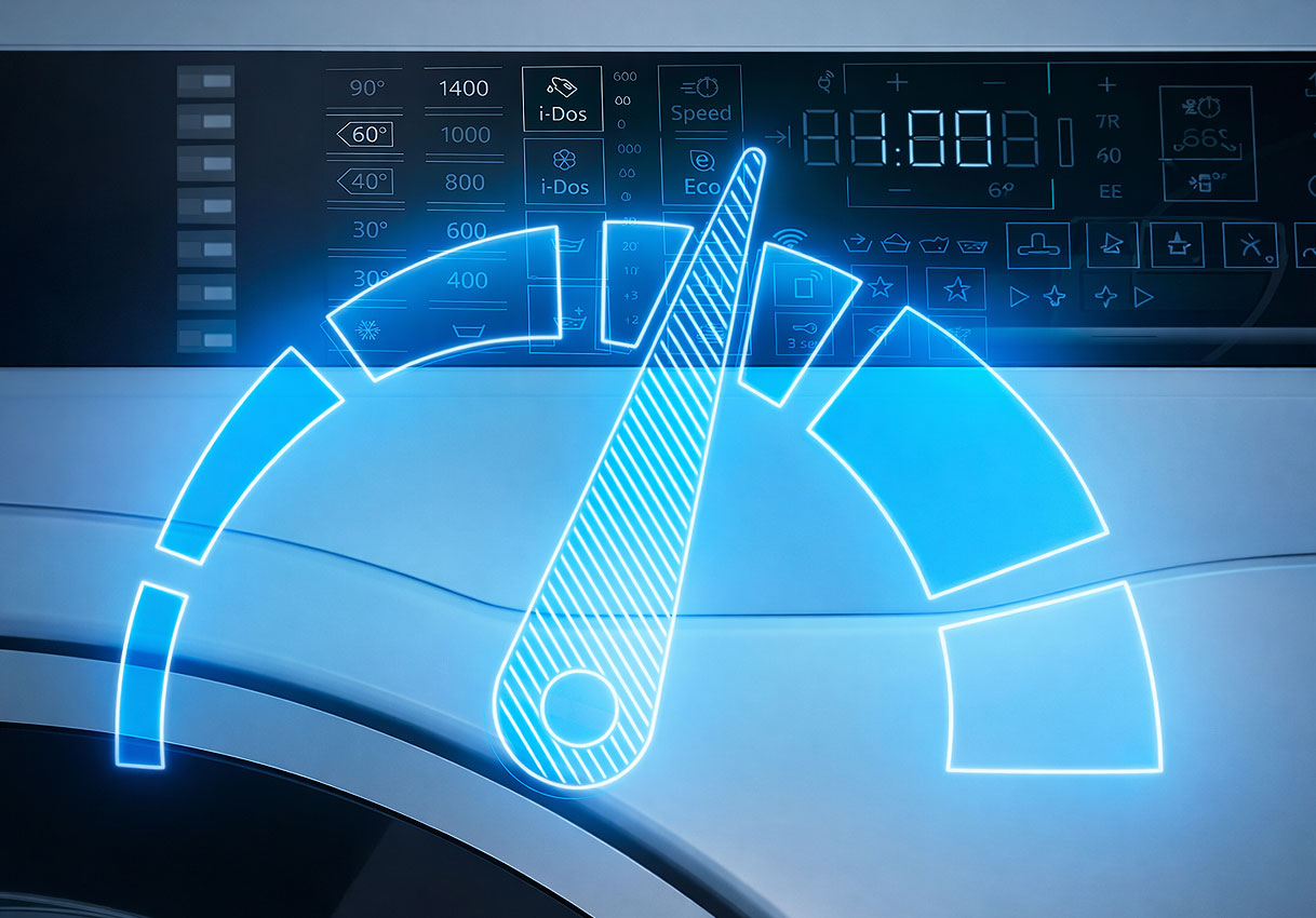 Digitaal display met snelheidsmeter en wasprogramma-iconen die varioPerfect keuzemogelijkheden tonen