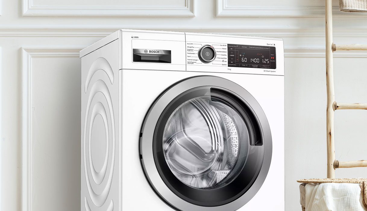 Bosch Serie 8 wasmachine met VarioPerfect in elegante en lichte woonomgeving