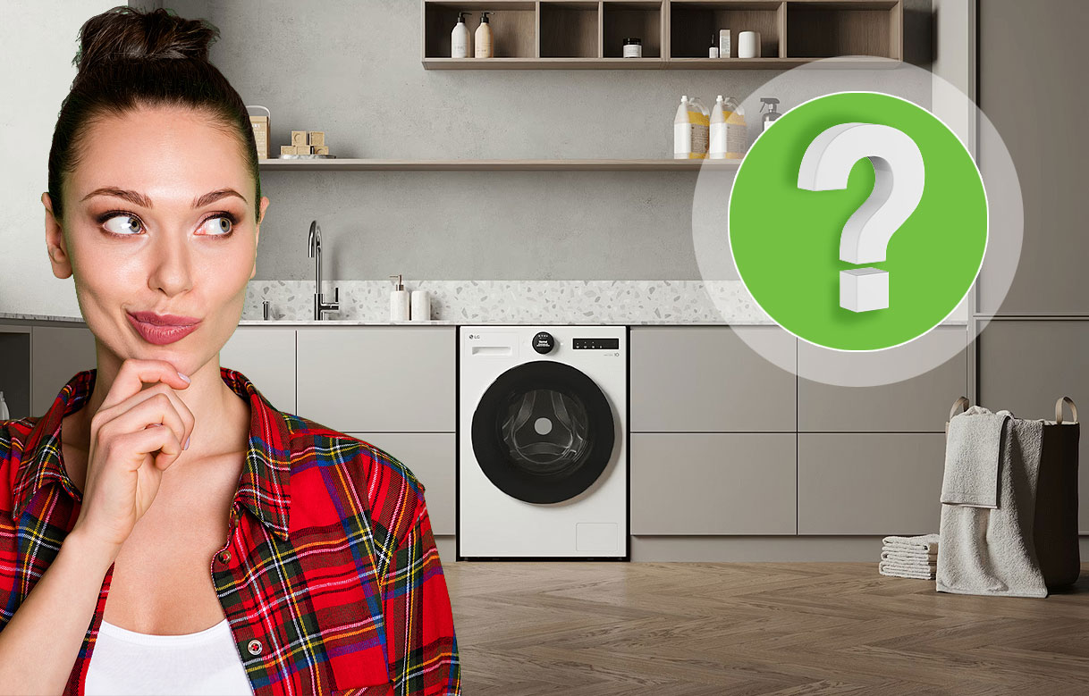 Vrouw met nadenkende blik naast LG wasmachine met groen vraagteken-icoon voor veelgestelde vragen