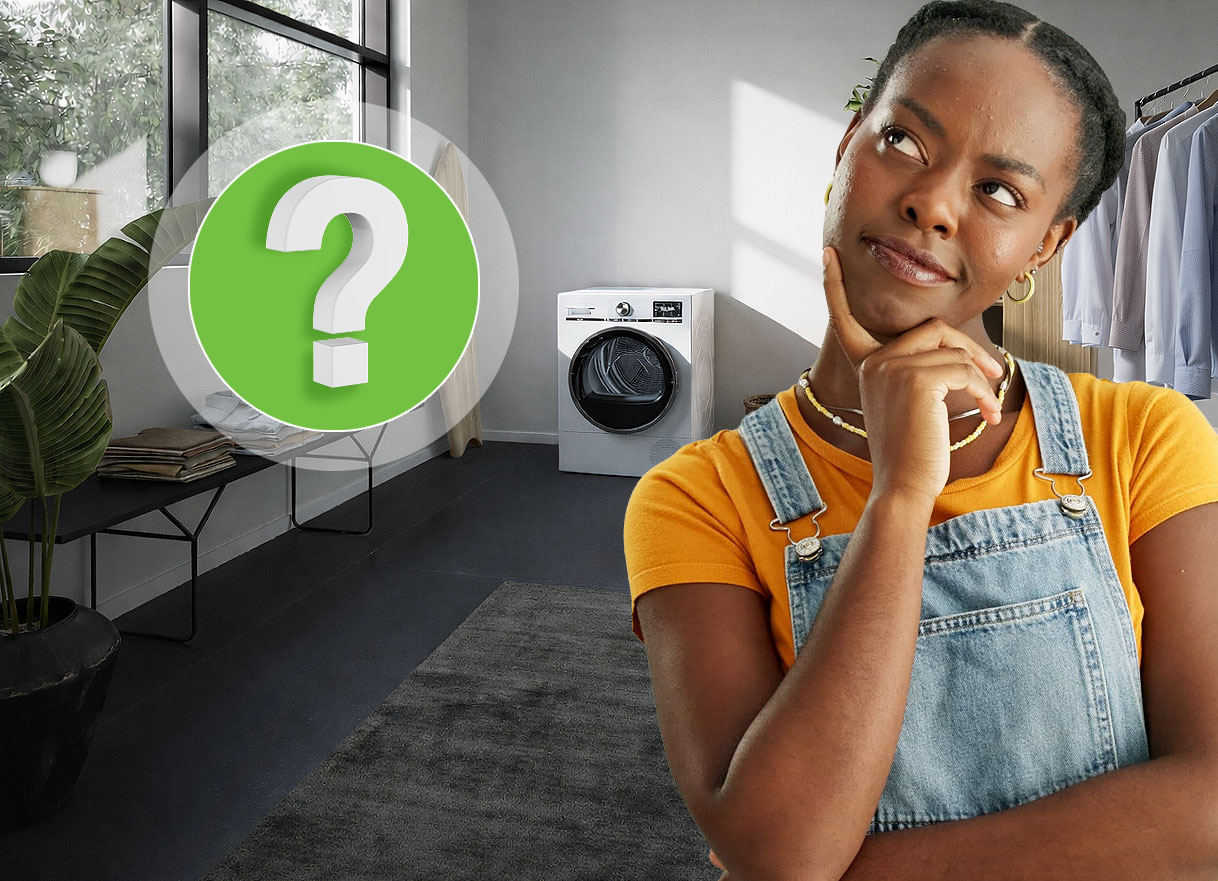 Vrouw met vragen over Siemens smartFinish naast wasmachine en droger met vraagteken