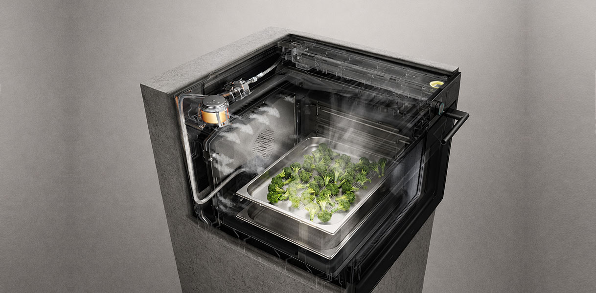 Stoom magnetron met broccoli in stoomschaal en zichtbare stoom voor veelzijdig koken zonder kwaliteitsverlies