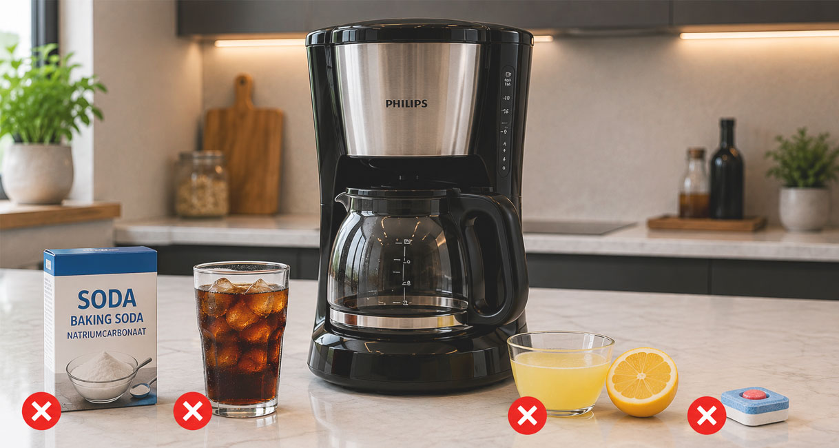 Soda, cola, citroensap en een vaatwastablet die je niet moet gebruiken om een koffiezetapparaat te ontkalken