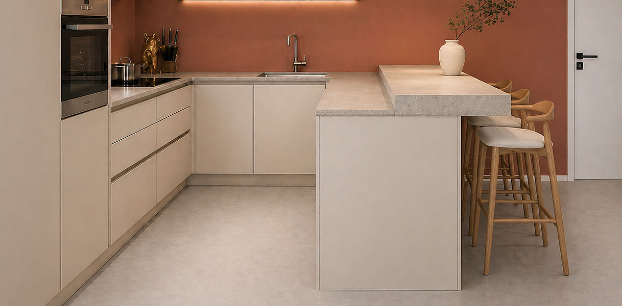 Keuken met verhoogd bargedeelte van 110 cm en barkrukken met 80 cm zithoogte