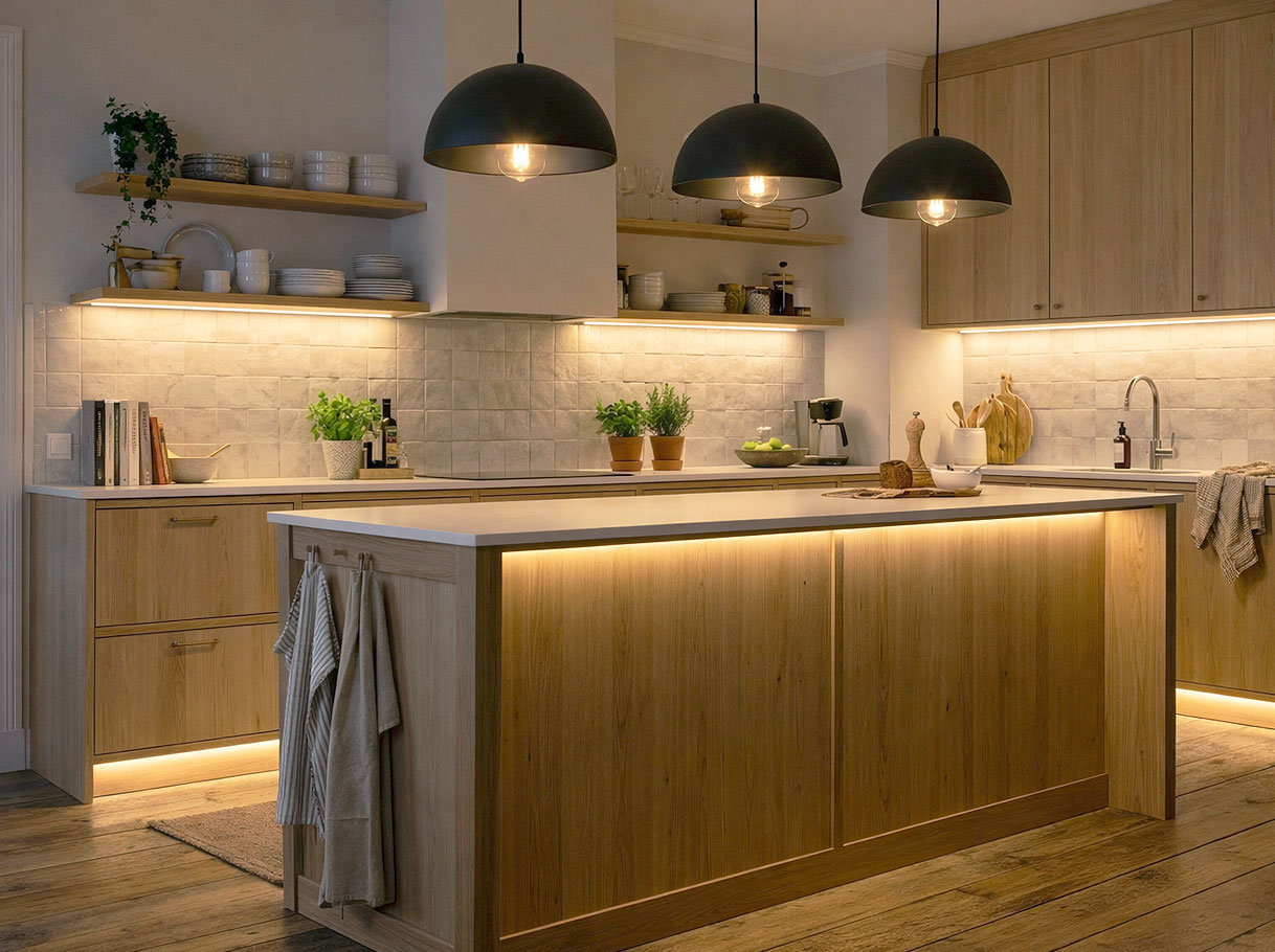 Scandinavische keuken met zwarte hanglampen, LED-verlichting en houten kookeiland in warme gloed