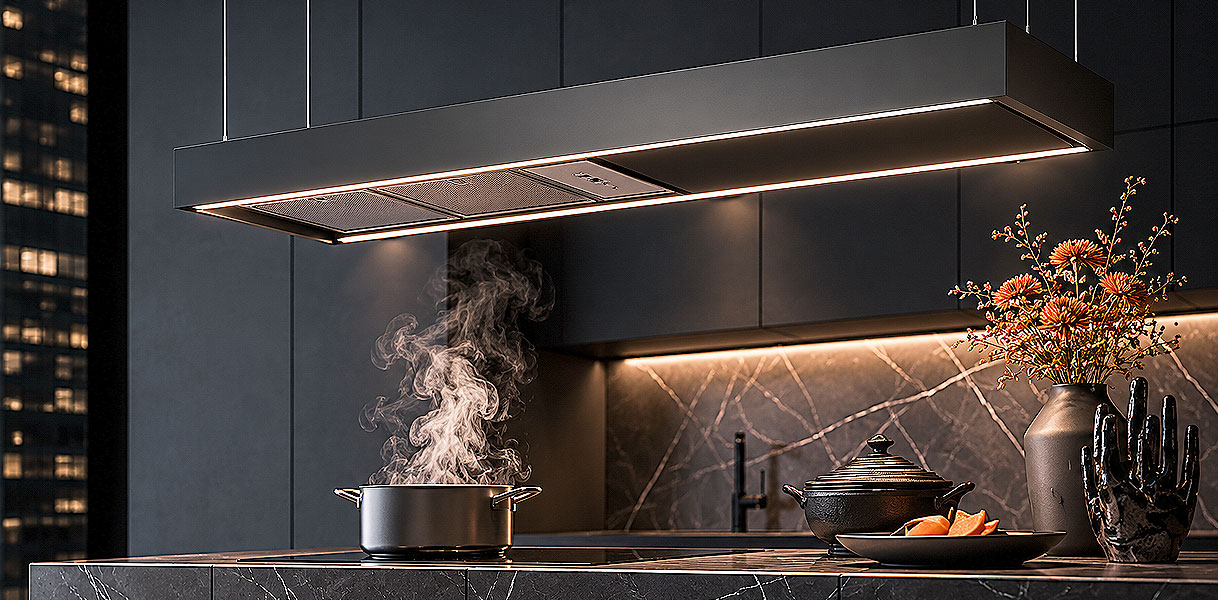 Eiland afzuigkap met ledverlichting boven kookeiland in open keuken