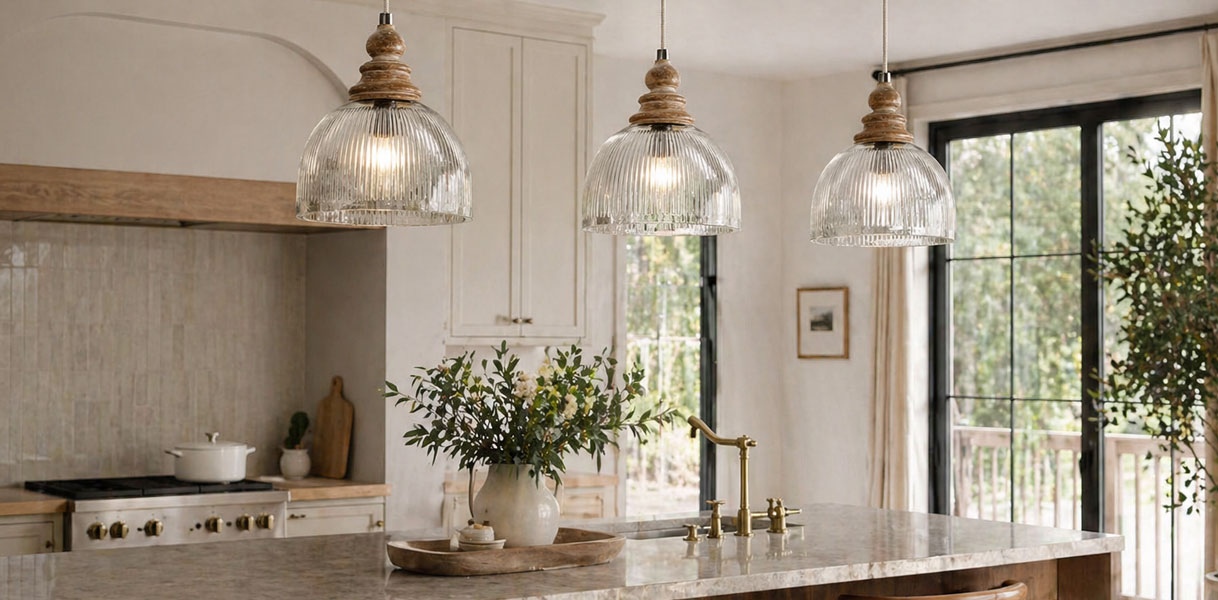 Landelijke keuken met glazen hanglampen en houten details boven kookeiland