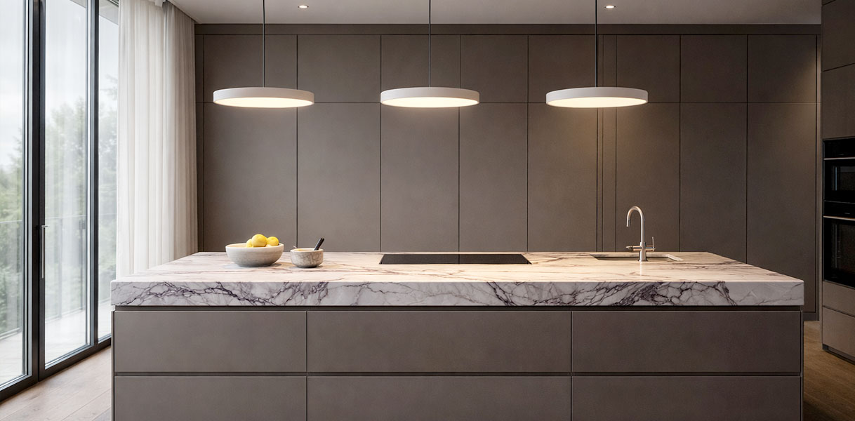 Modern kookeiland met strakke hanglampen en minimalistische verlichting
