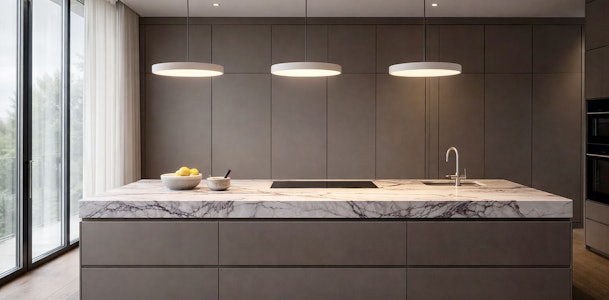 Modern kookeiland met strakke hanglampen en minimalistische verlichting
