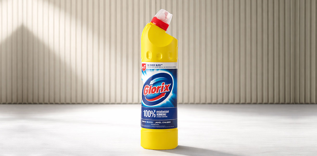 Fles Glorix bleek die je niet moet gebruiken voor de magnetron omdat het materiaal beschadigt en dampen achterlaat