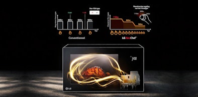 LG NeoChef magnetron vermogensvergelijking met grafiek die nauwkeurige regeling van 800 tot 1100 watt toont versus conventioneel model