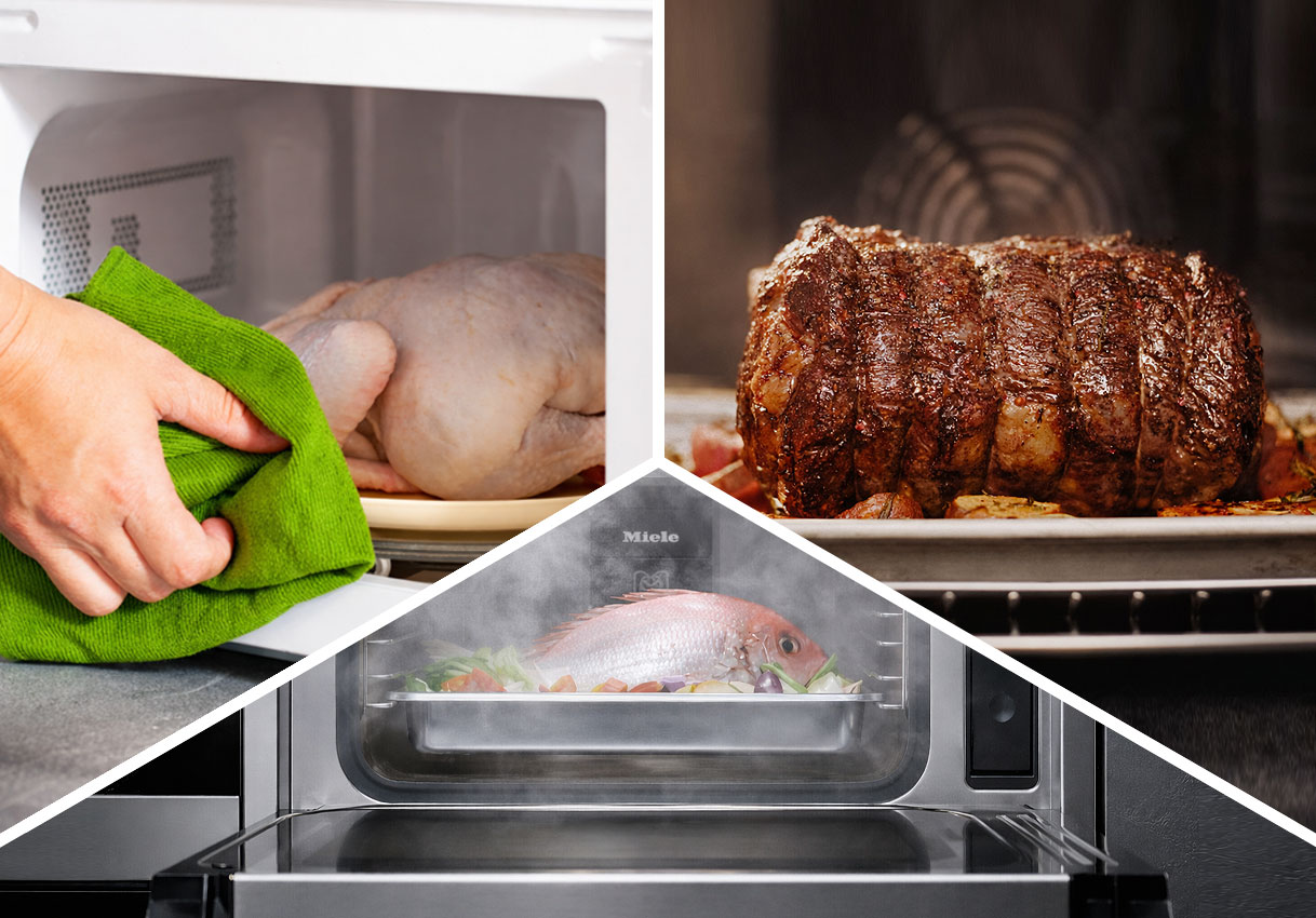 Drieluik van magnetron gebruiksmogelijkheden ontdooien van kip braden van vlees en stomen van vis in Miele combimagnetron