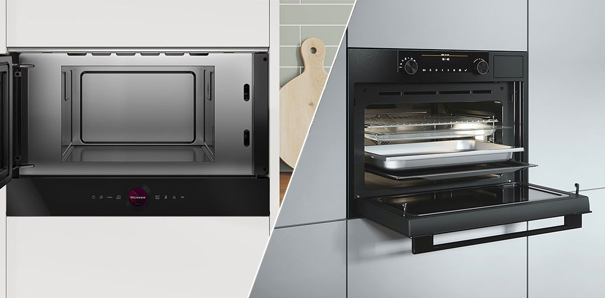 Verschil tussen zwarte solo magnetron en zwarte combi magnetron naast elkaar in moderne keuken