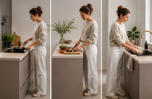 Drie keukenzones met ideale werkhoogtes voor koken, snijden en afwassen in een moderne keuken