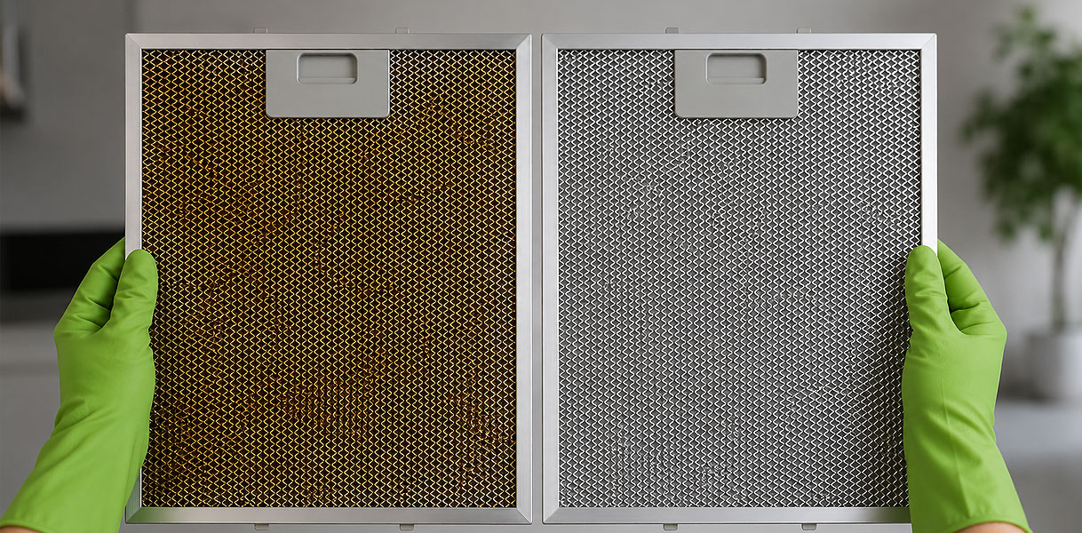 Handen met groene handschoenen houden een vervuild vetfilter naast een schoon vetfilter van een afzuigkap