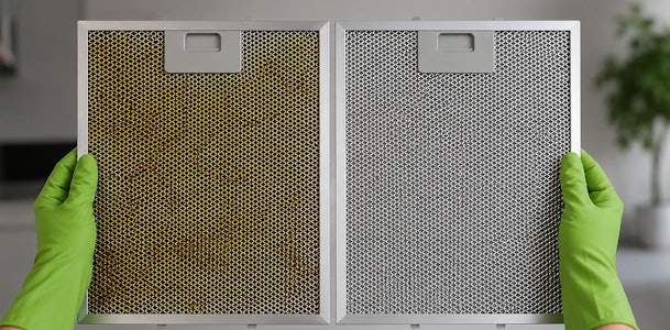 Handen met groene handschoenen houden een vervuild vetfilter naast een schoon vetfilter van een afzuigkap