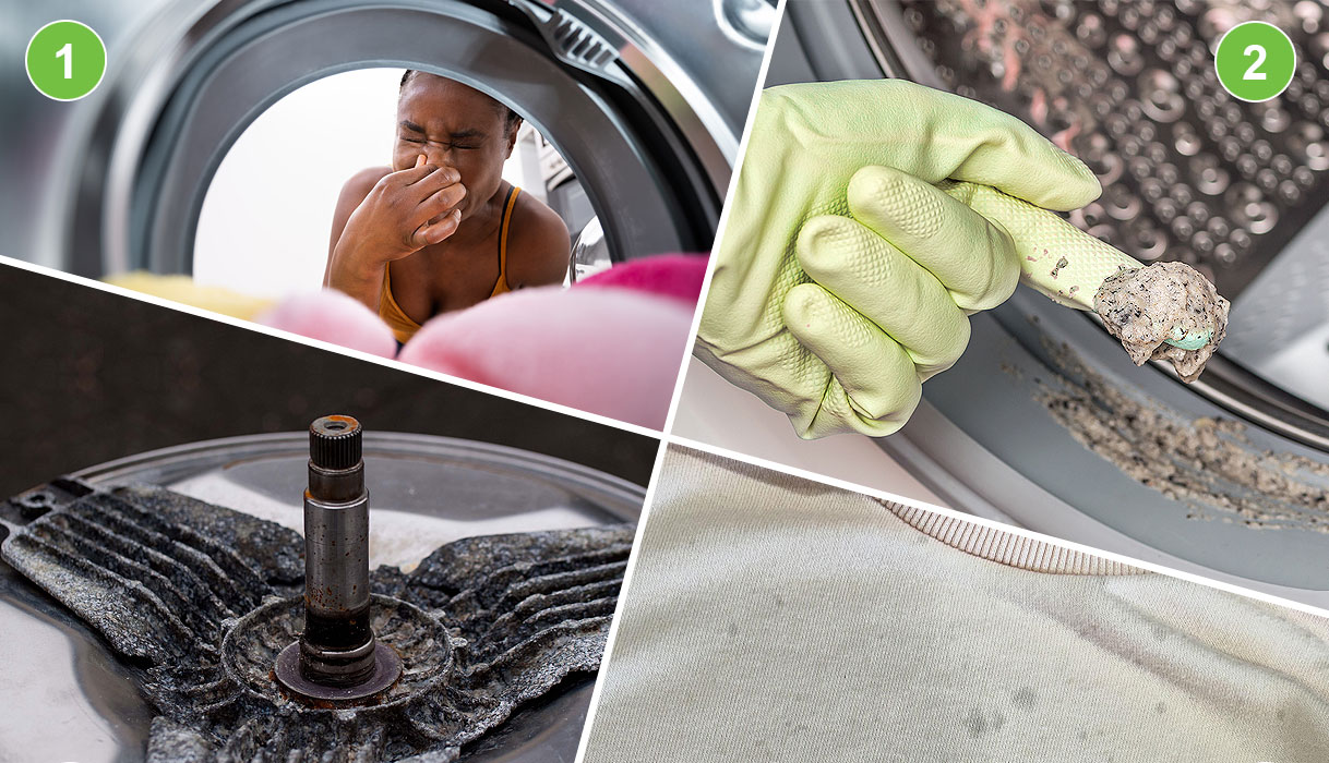 VeldTekstAlt-tekstCollage van vier foto's die de stadia van vetluis tonen: 1) vrouw houdt neus dicht bij wasmachine, 2) hand met handschoen houdt klont vetluis vast, 3) grijs-bruine vlek op lichtgekleurd textiel, 4) vervuild trommelkruis met aanslag