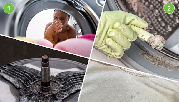 VeldTekstAlt-tekstCollage van vier foto's die de stadia van vetluis tonen: 1) vrouw houdt neus dicht bij wasmachine, 2) hand met handschoen houdt klont vetluis vast, 3) grijs-bruine vlek op lichtgekleurd textiel, 4) vervuild trommelkruis met aanslag