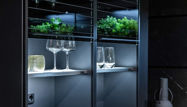 Vitrinekasten met een rolsluiting van rookglas.