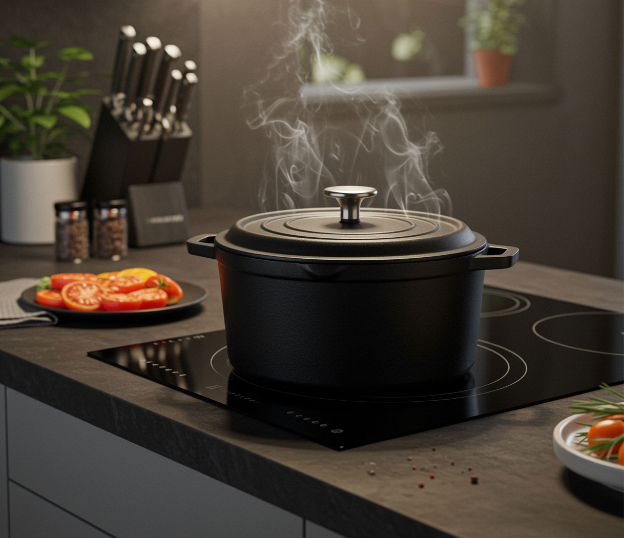 Gietijzeren braadpan op een inductiekookplaat in een moderne keuken, met stoom uit de pan tijdens het koken.
