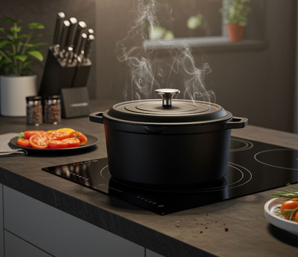 Gietijzeren braadpan op een inductiekookplaat in een moderne keuken, met stoom uit de pan tijdens het koken.