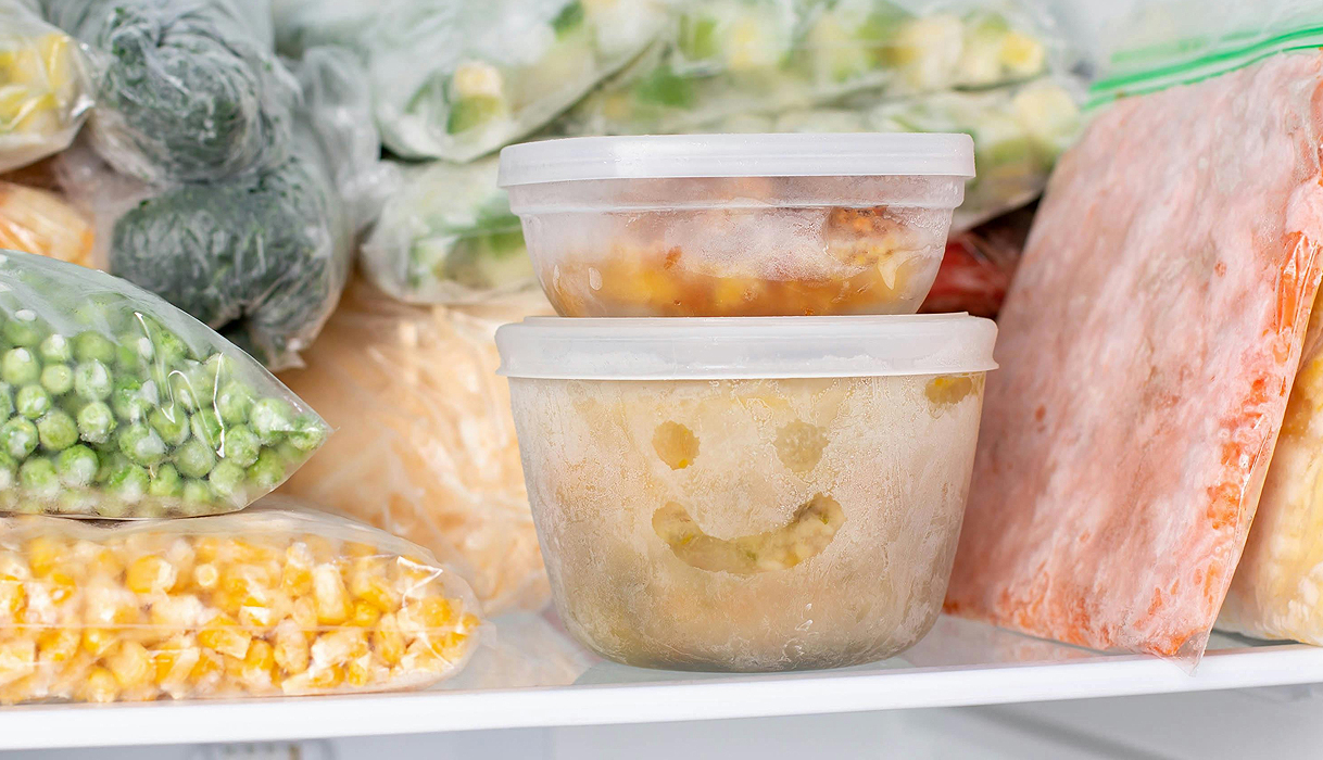 Ingevroren groenten en maaltijden netjes verpakt in een vriezer