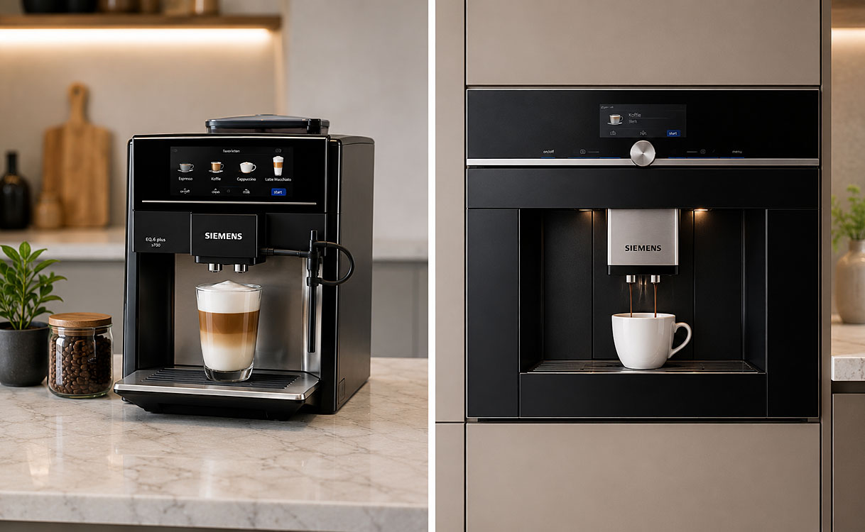 Vrijstaande volautomaat en inbouw koffiemachine naast elkaar in een moderne keuken