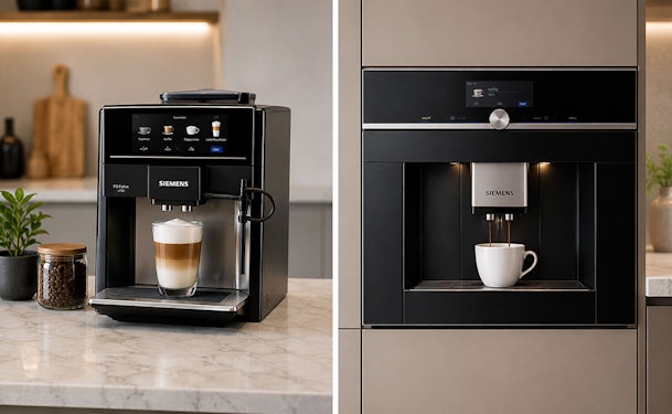 Vrijstaande volautomaat en inbouw koffiemachine naast elkaar in een moderne keuken
